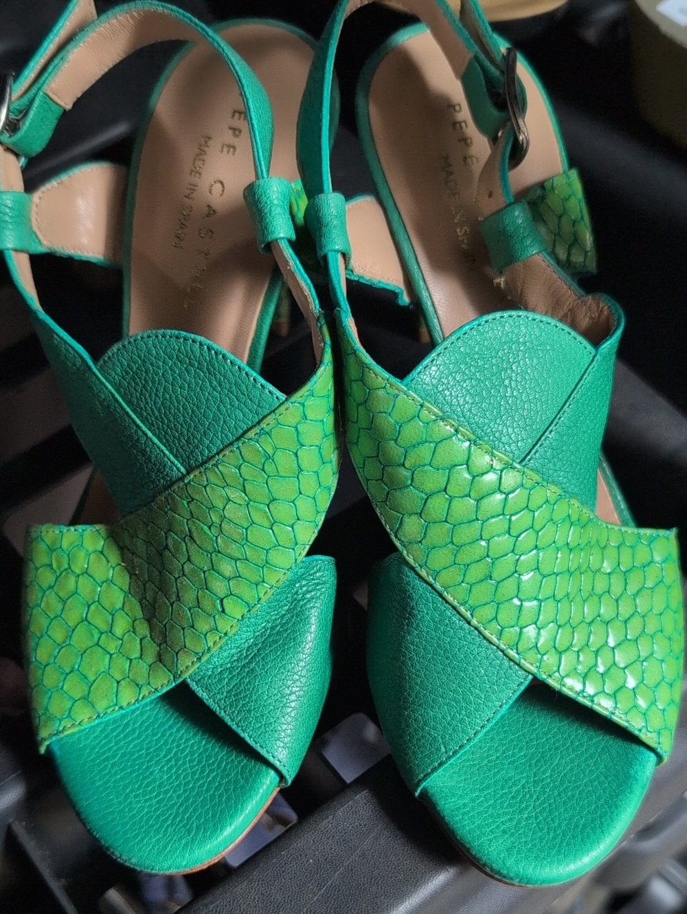 Green Cross-Strap Heeled Sandals by